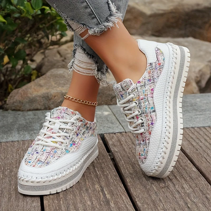 

2025 Women's Diamond Platform Shoes Fashionable Color Matching Round Toe Casual Shoes Large Size Lace-Up Chunky Sneakers