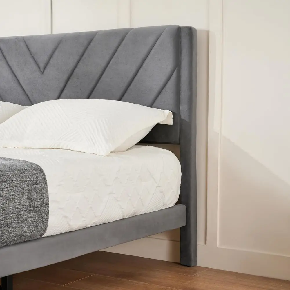 Grey Velvet Headboard Full Platform Bed Frame with Wooden Slats, Metal Structure, Easy Assembly, No Box Spring Needed