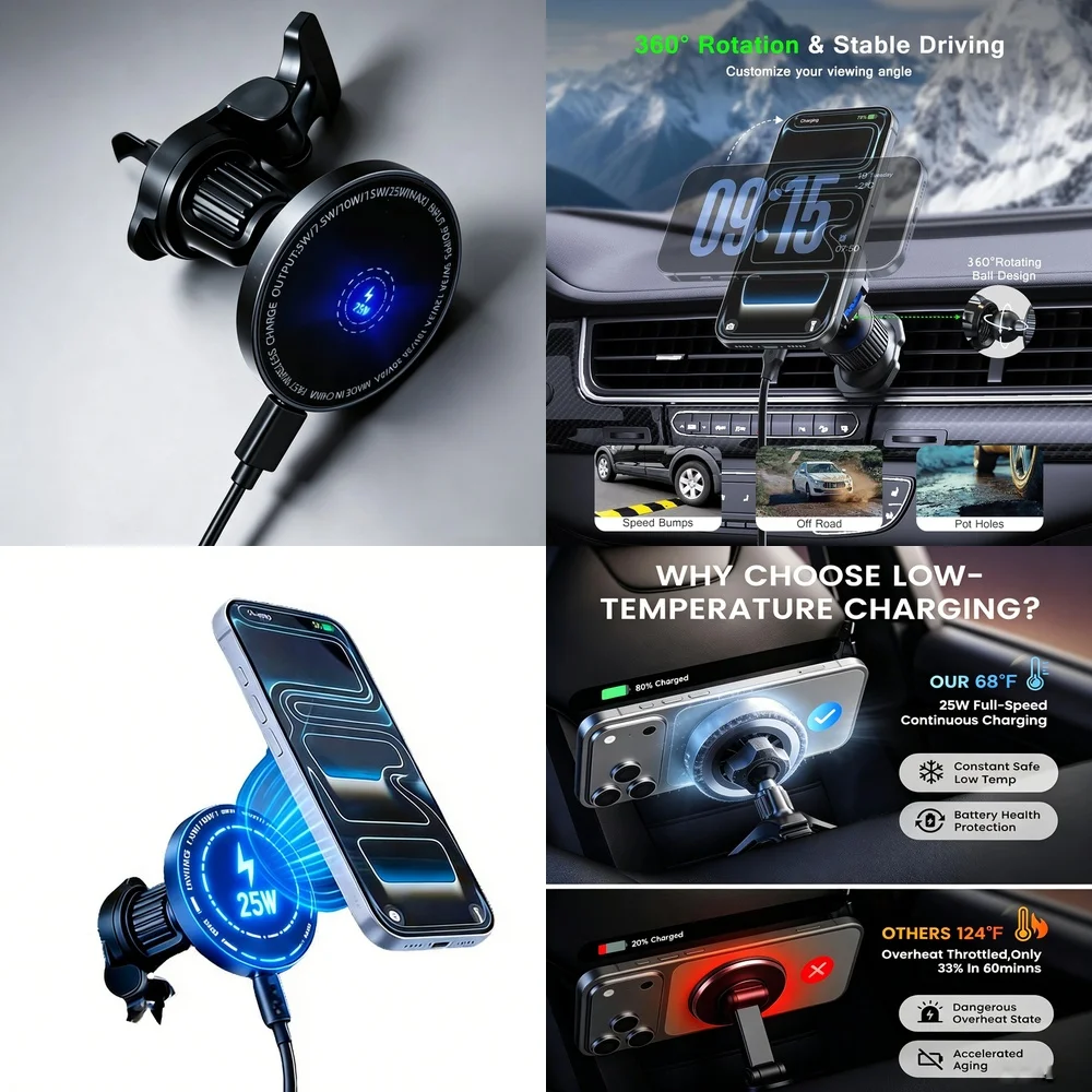 Fast Wireless Car Charger 25W Magnetic Vent Clip 360 Rotating Ball Stable Holder for iPhone 17 Samsung Galaxy S26 Ultra Android