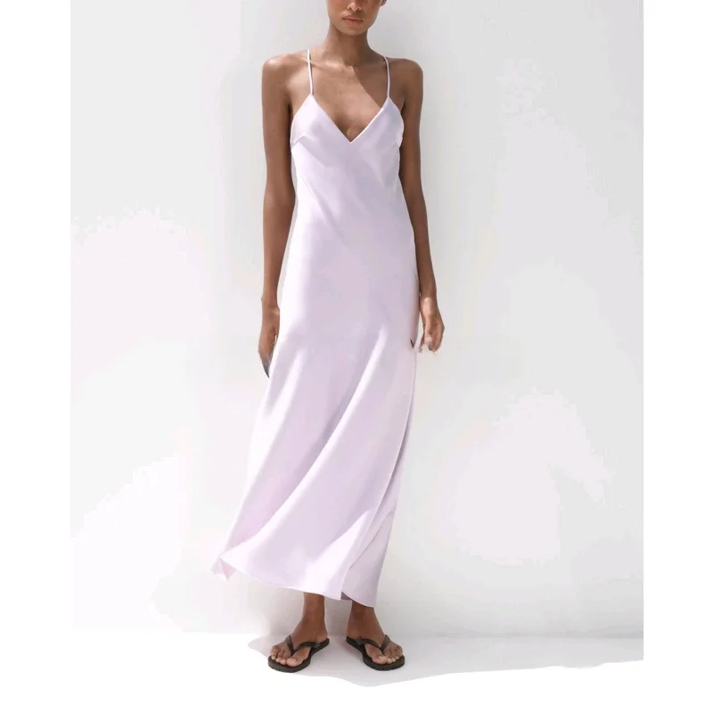 Estate delle nuove donne V-ne Svel Raso di seta Sensazione Midi Lungo Dr Beach Holiday Sle Vita alta Colore puro Abbigliamento casual