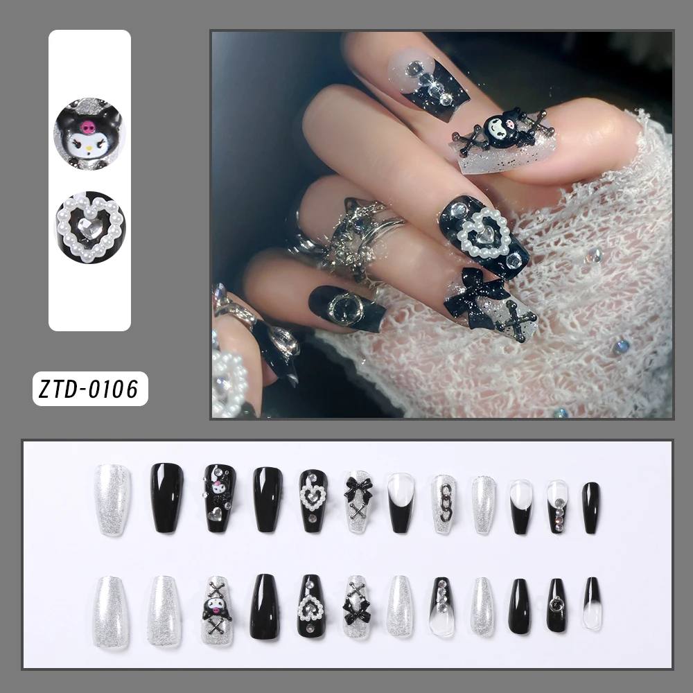 24Pcs Black Punk Style Press On Nails Medium Square Acrylic False Nails with 3D Cross/Bow/Kuromi Ornaments Cool Girls Nail Patch