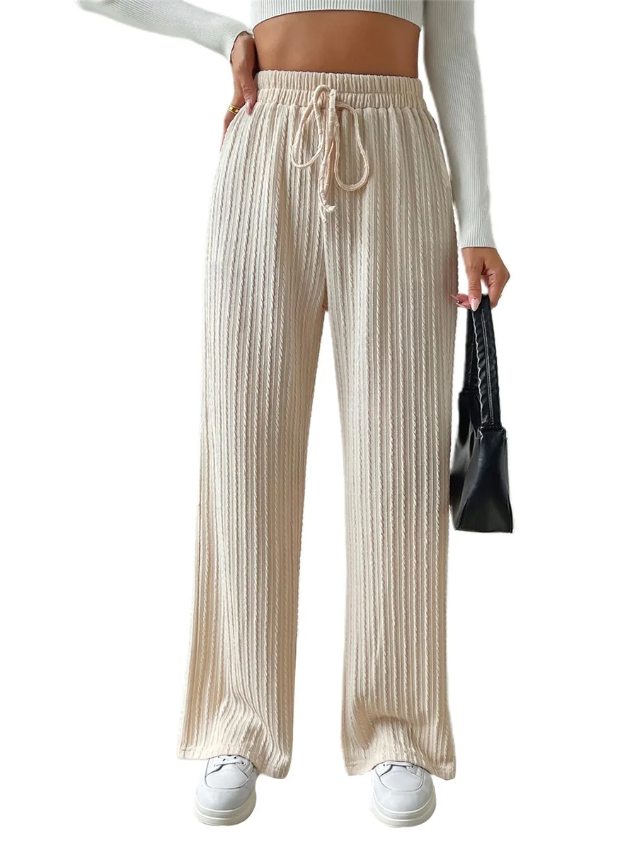 Women Knit Wide Leg Pants Textured Bow Elastic Waistband Loose Casual Pull On Sweater Trousers