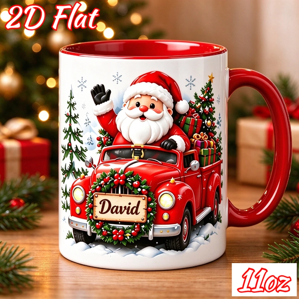 Custom Christmas Ceramic Mug 11oz Personalized Name Santa Tree Gift Box Wreath Print Microwave Safe Holiday Gift