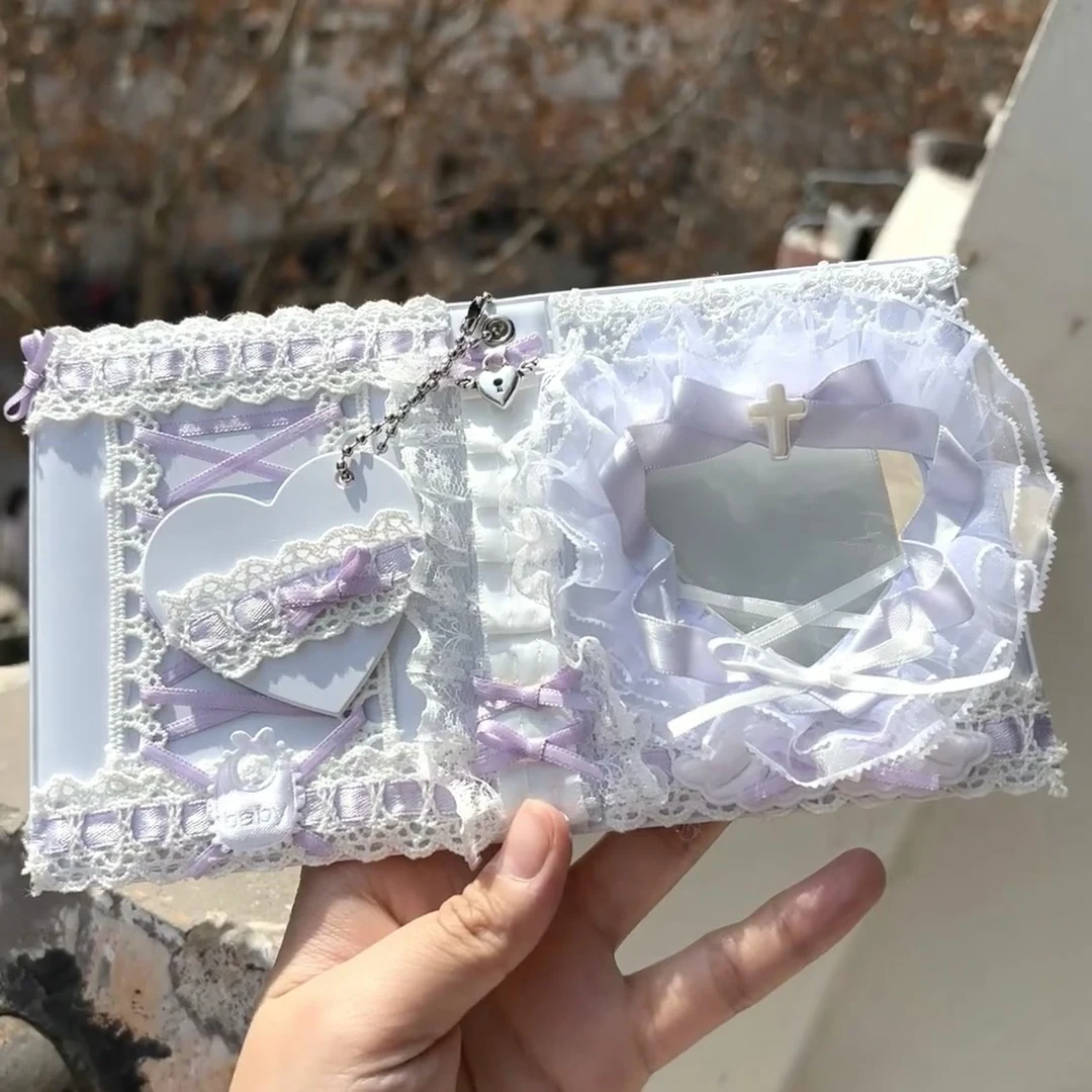 

Альбом для карточек, папка для фотокарточек, фиолетовый кружевной бант ручной работы, карты Kpop, коллекционные маленькие карты аниме, 3-дюймовая корейская книга Idols