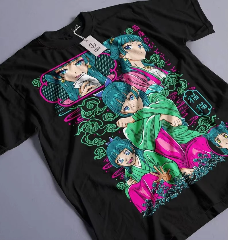 T-shirt noir unisexe surdimensionné en coton avec motif nuage multi-scènes Maomao de The Apothecary Diaries, style streetwear Y2K