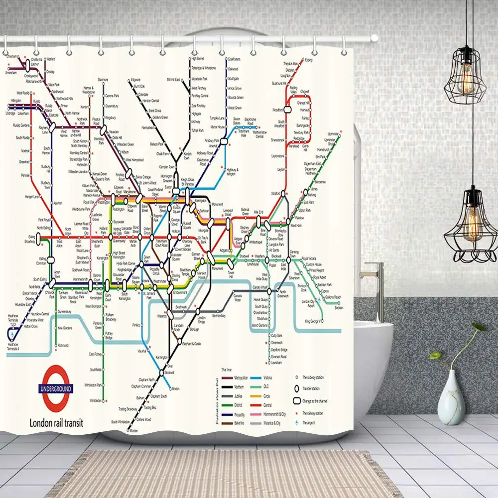 Map Decor City Subway of London Rail Transit Polyester Fabric Waterproof Map Bath Curtain Shower Curtain Sets with 12 Hooks