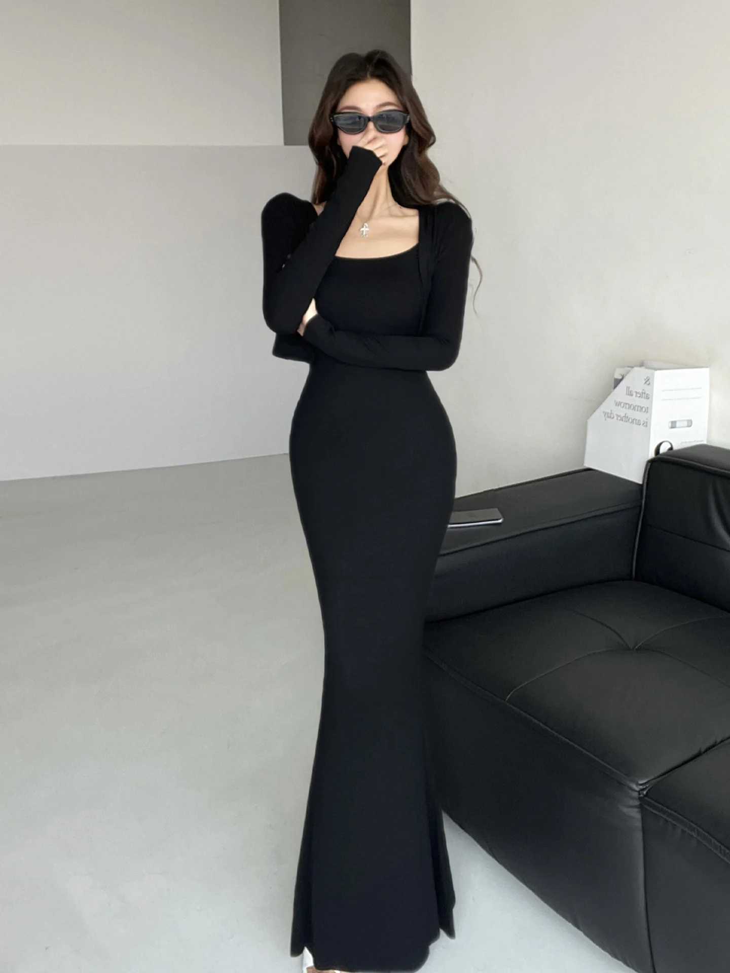 

Sexy Bandeau Bodycon Dr with Cardigan Fi Tail Long Skirt High Waist Cotton Blend Elastic Fabric Ci Commute Street Sle