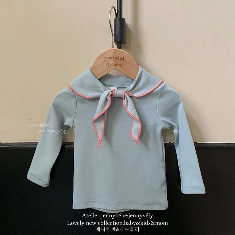 Children\'s Clothing 2024 New Baby Bow Top Korean Version Baby Girl Collar Long Sleeved Base Shirt Versatile T-shirt Autumn