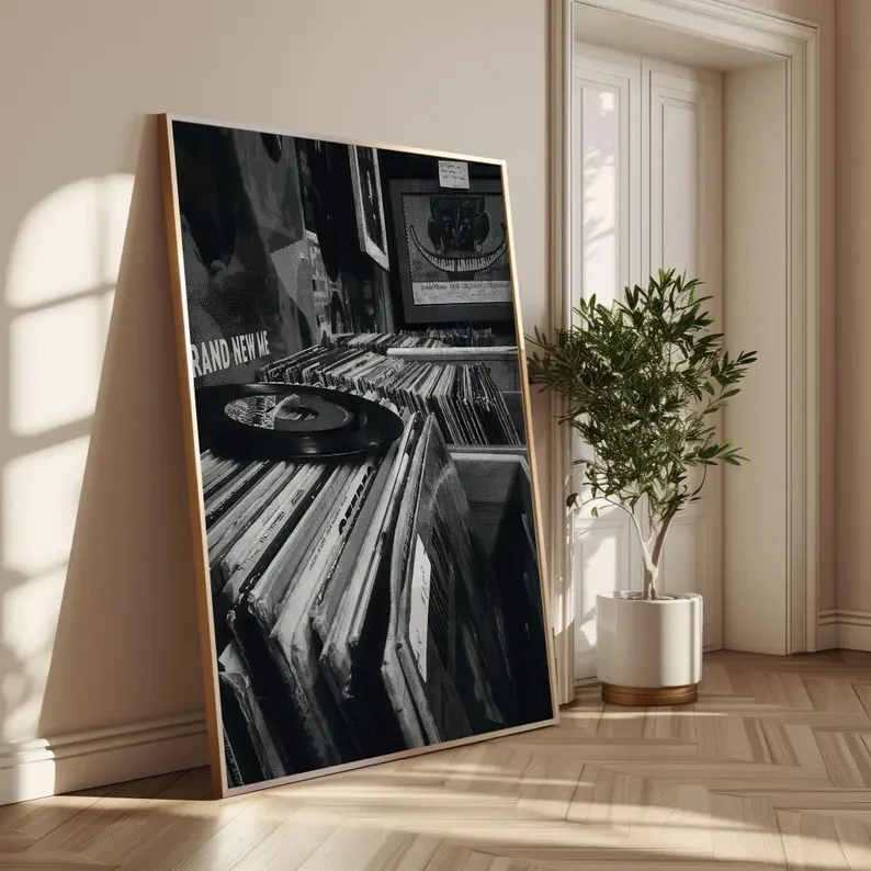 Modern Vinyl Record Store Black White Photo Wall Art Print Canvas Painting Poster Picture For Living Room,Bedroom Home Decor view 3