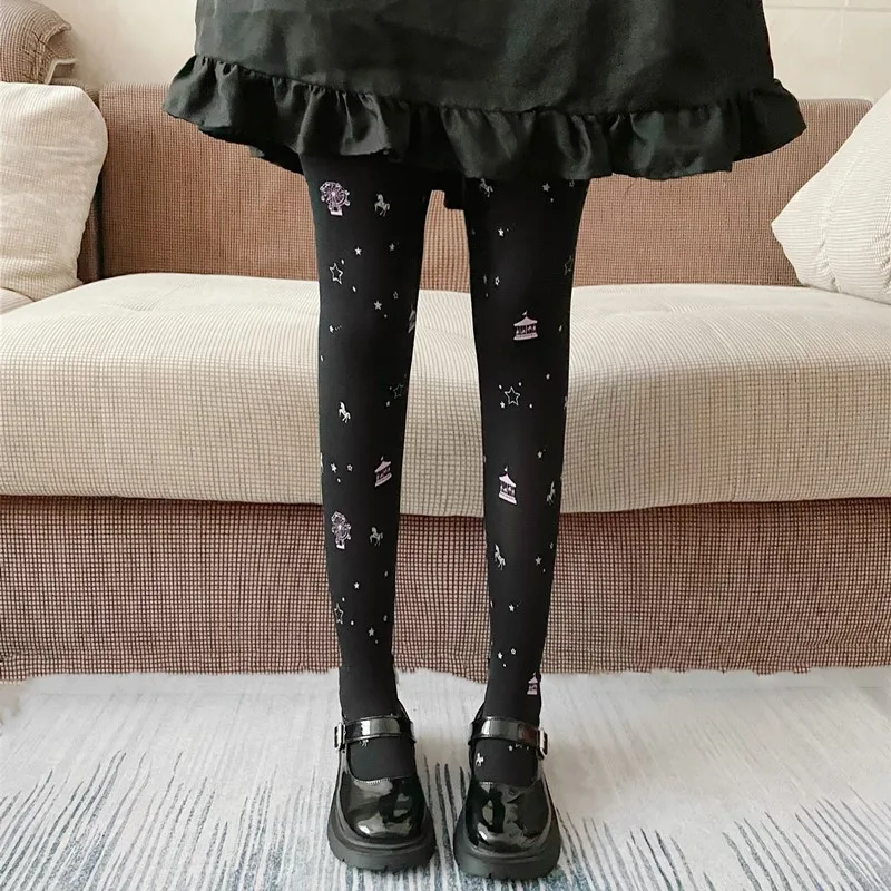 

Fashion Cartoon Printing women's Black Velvet Pantyhose Lolita Girlish Heart Amusement Park Carousel Fantasy Sweet Nylon Tights