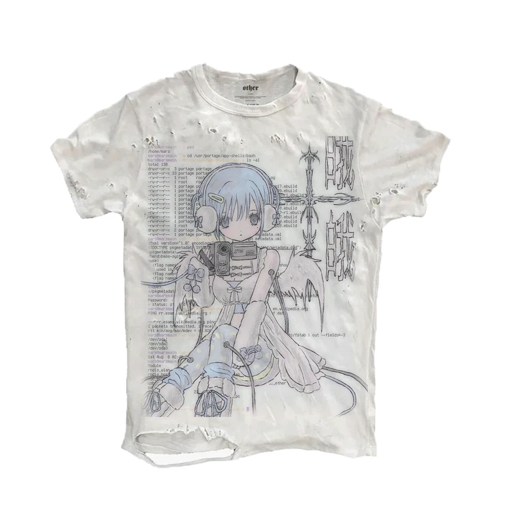  Neon Tones Subculture Worn Short Sleeve T-Shirt Ripped Hole Design Cotton Breathable Casual round Neck Top