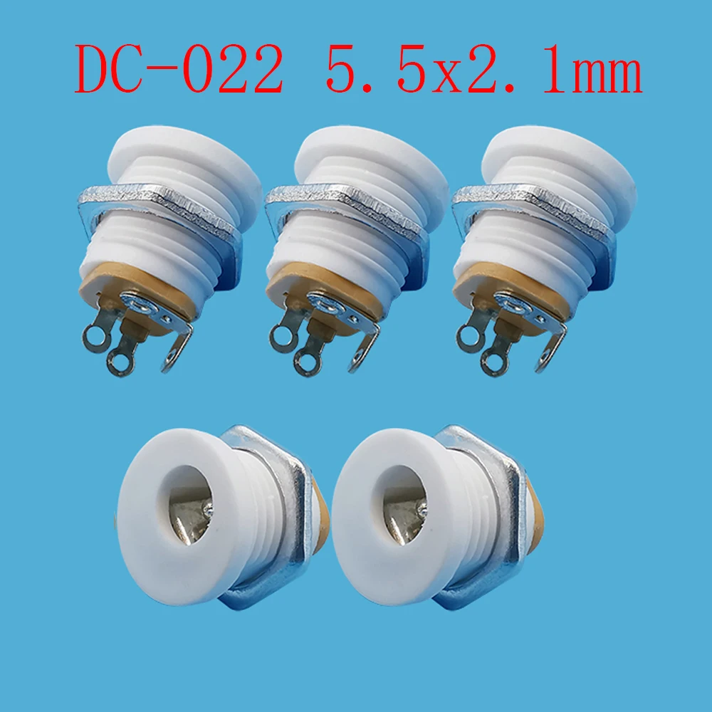 5 Pcs White DC-022 5.5x2.1mm Mounting Plug Socket DC Power Female Jack Round Hole Panel DC Charging Connectors with Nut