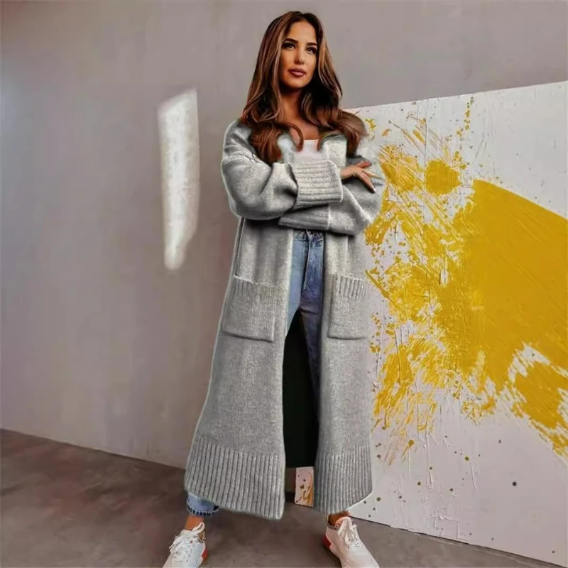 

Cardigan Women Knit Thick Full Sleeve Sweaters Long Coat Pockets Casual Loose Warm Spliced Jumpers Autumn Winter Office Lady