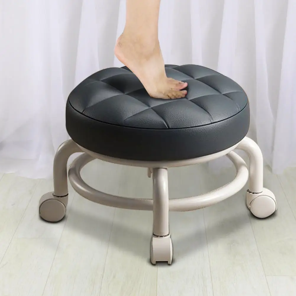 

Heavy-Duty Shoe Stool Faux Leather Surface Sponge Filling Metal Legs 360 Degree Rotating Round Low Stool Household Supplies