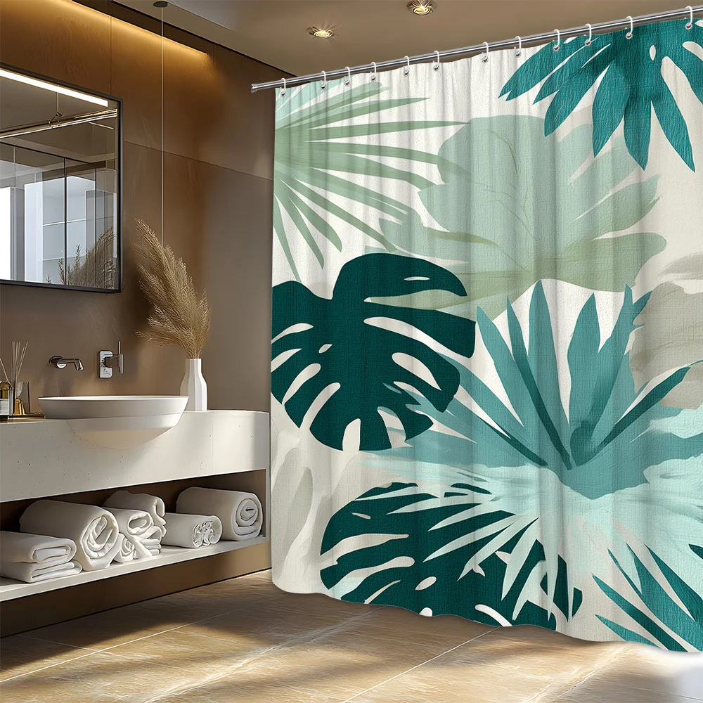 

1pc Tropical Leaf Shower Curtain - Modern Jungle Art Design with Dark Teal & Pale Green Leaves on Beige Background, 70x70 Inches