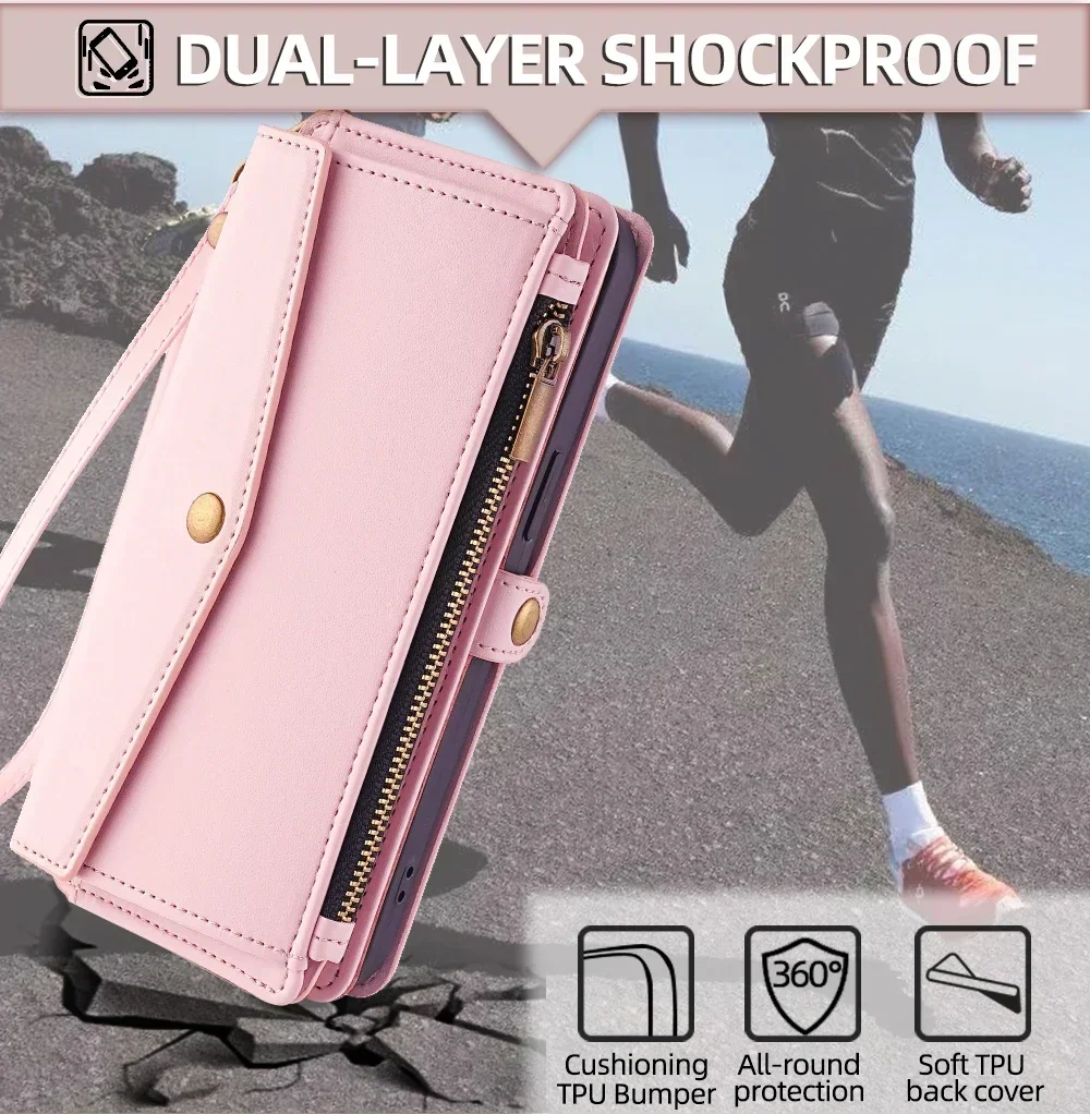 Reißverschluss PU-Leder Brieftasche Buchcover Handyhüllen für iPhone 16 16E 17 Air Pro Plus Max Flip Cover Multifunktionale Berging Bags – Detail 10