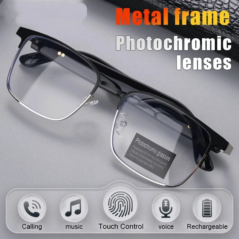

AI Smart Glasses Metal Frame Color-changing Lenses Multi-function Wireless Bluetooth Headset Call Dual Touch Men or Women