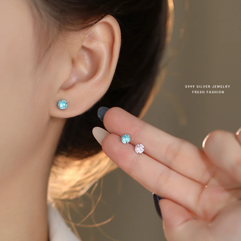 Platinum Plated Halo CZ Stud Earrings 999Sterling Silver Hypoallergenic Inlaid Pink Blue Zircon Earrings Set Fine Jewellry