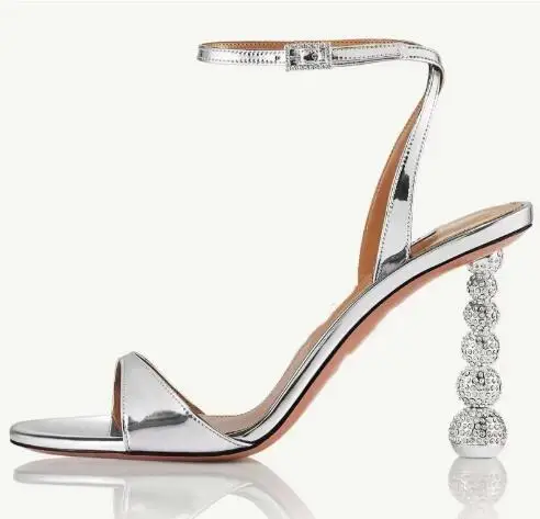 

Crystal Ball High Heel Summer Sandals Women Sliver Black Gold Silk Leather One Line Ankle Buckle Strap Banquet Dress Shoes Lady