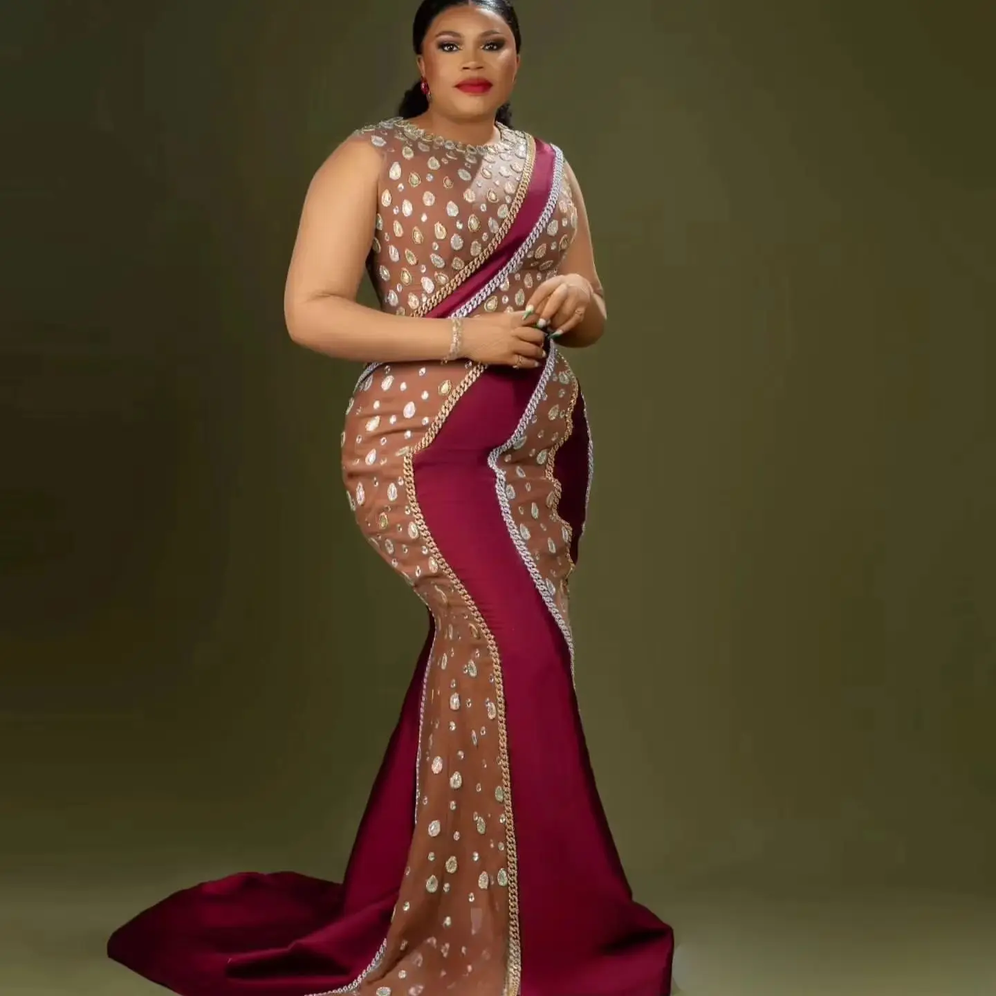 

African Aso EbiBurgundy Illusion Mermaid Prom Dress Satin Dresses For Special Occasions Rhinestones Evening Formal Party Birthda