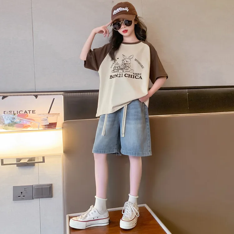 2024 Korean Summer School Girl Tracksuit Teenager Girl Contrast Cartoon T-shirt Kids Girl Denim Shorts Sets For Children