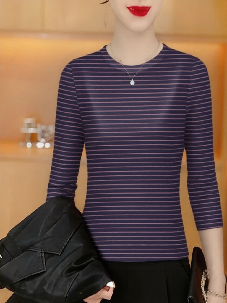 

Elegant Stripe Long Sleeve Slim Fit round Neck T-Shirt Women's New Season Versatile Mommy Style Top Quality Polyester Fiber