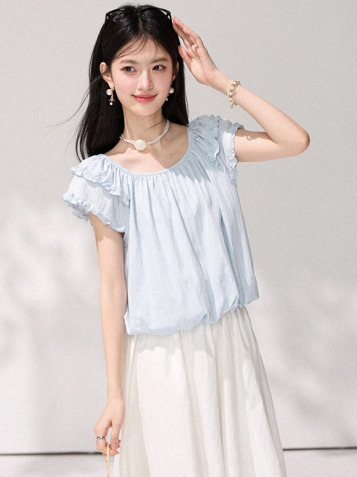 

Light Blue Wooden Short Sleeve Women's Top Summer Gentle Loose Slimming Chiffon Shirt French Style Breathable Citywalk