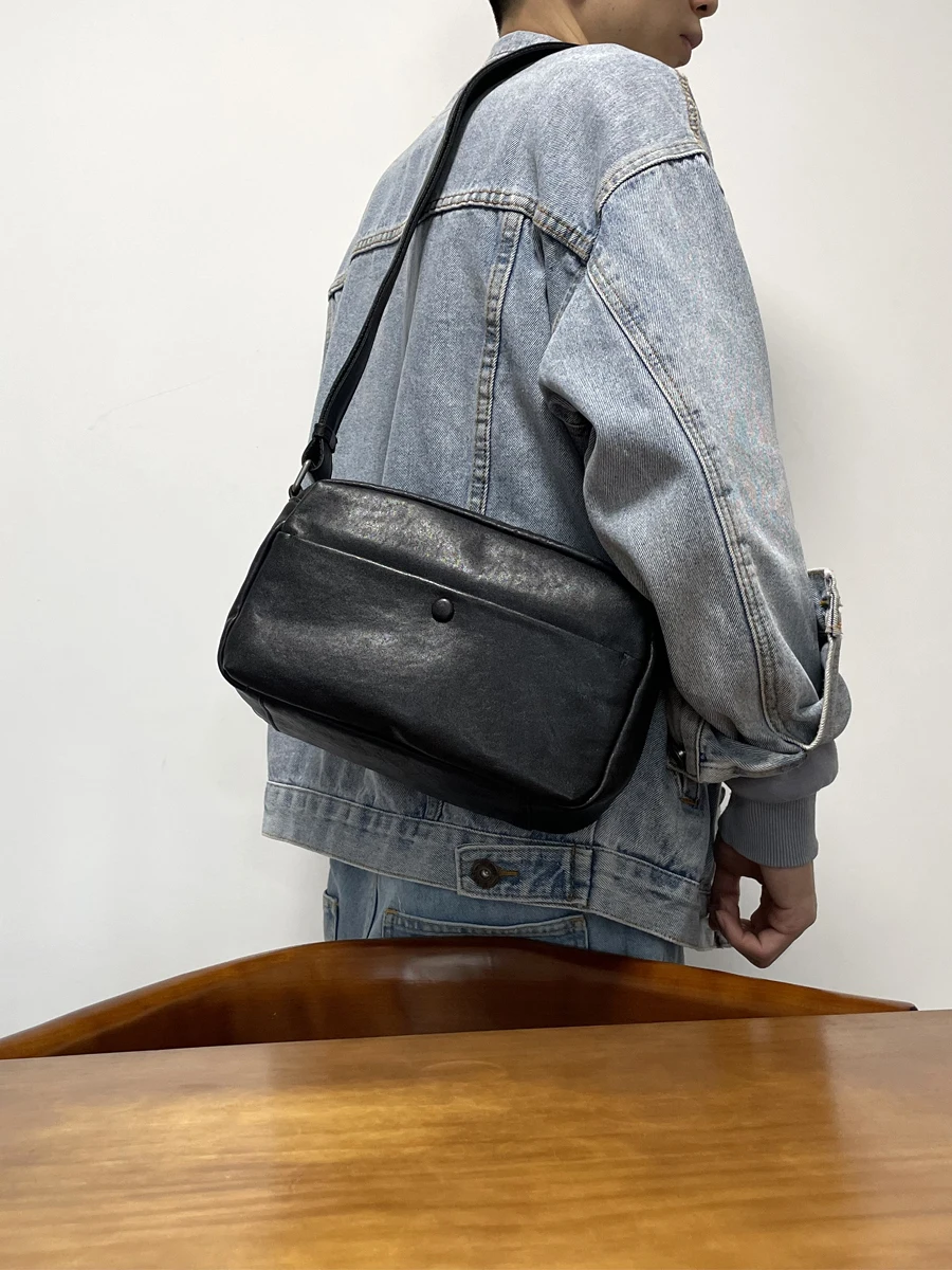 

outdoor travel luxury vegetable tanned cowhide men's shoulder bag casual designer handmade genuine leather black crossbody bag