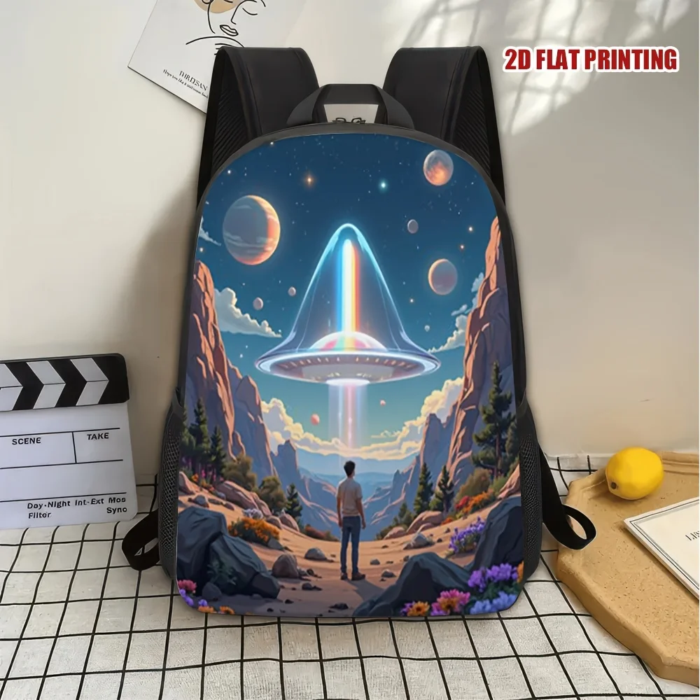 

1 Piece Cosmic Encounter 2D Flat Printed Backpack - Lightweight and Durable Polyester School Bag with Removable Shoulder Strap
