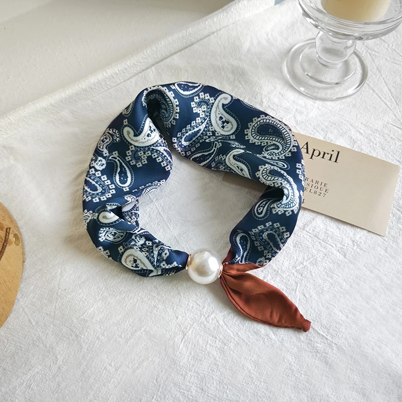 Spring Summer Thin Pearl Silk Scarves Magnetic Buckle Lazy Scarf Women Girls Sweet Elegant Pendant Collarbone Chain Neck Scarf