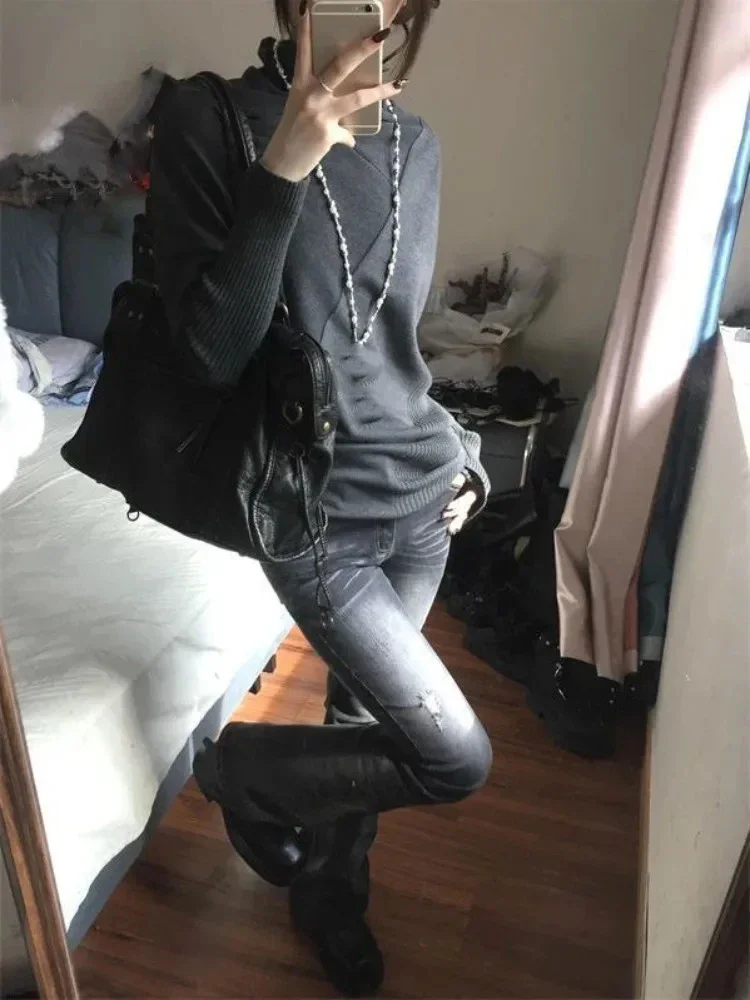 

Autumn Lazy Style Gray Knitted Pullover Casual Y2k Subcultural Women's Clothing Vintage Loose Sweater Women Jumpers Knitwear