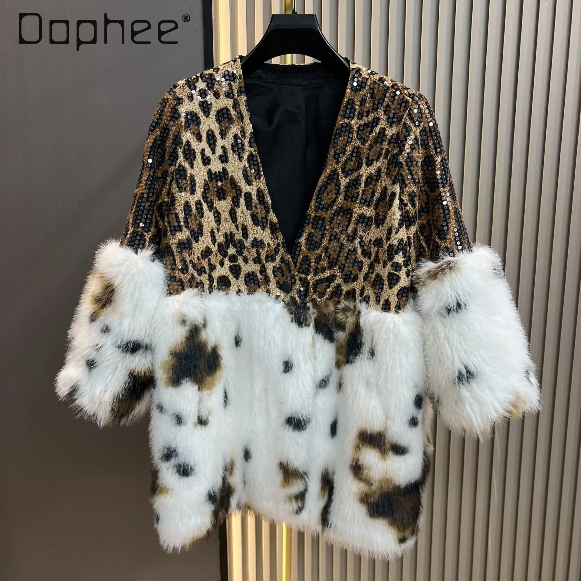 

Faux Fox Fur Coat for Women 2025 Winter New Leopard Print Patchwork Sequin Fashion Loose Seven-quarter Sleeve Jakcet