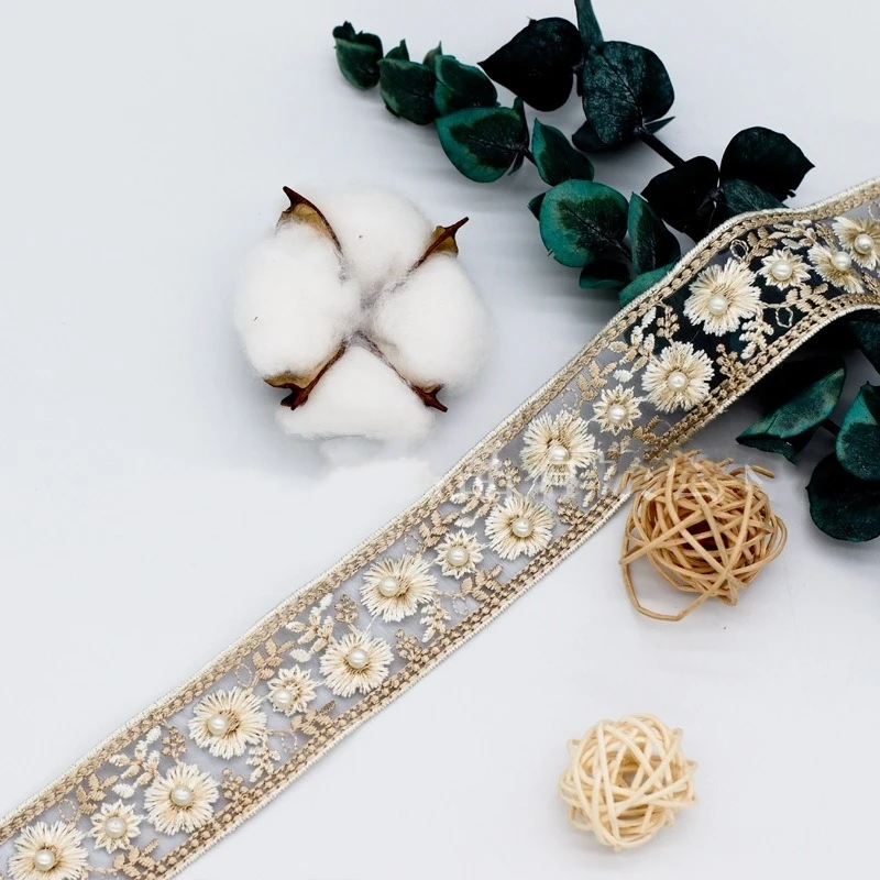 1 Yards Embroidery Lace Trim Pearl Beaded Ribbon Garment Wedding Dress Decor Trimming DIY Accessory