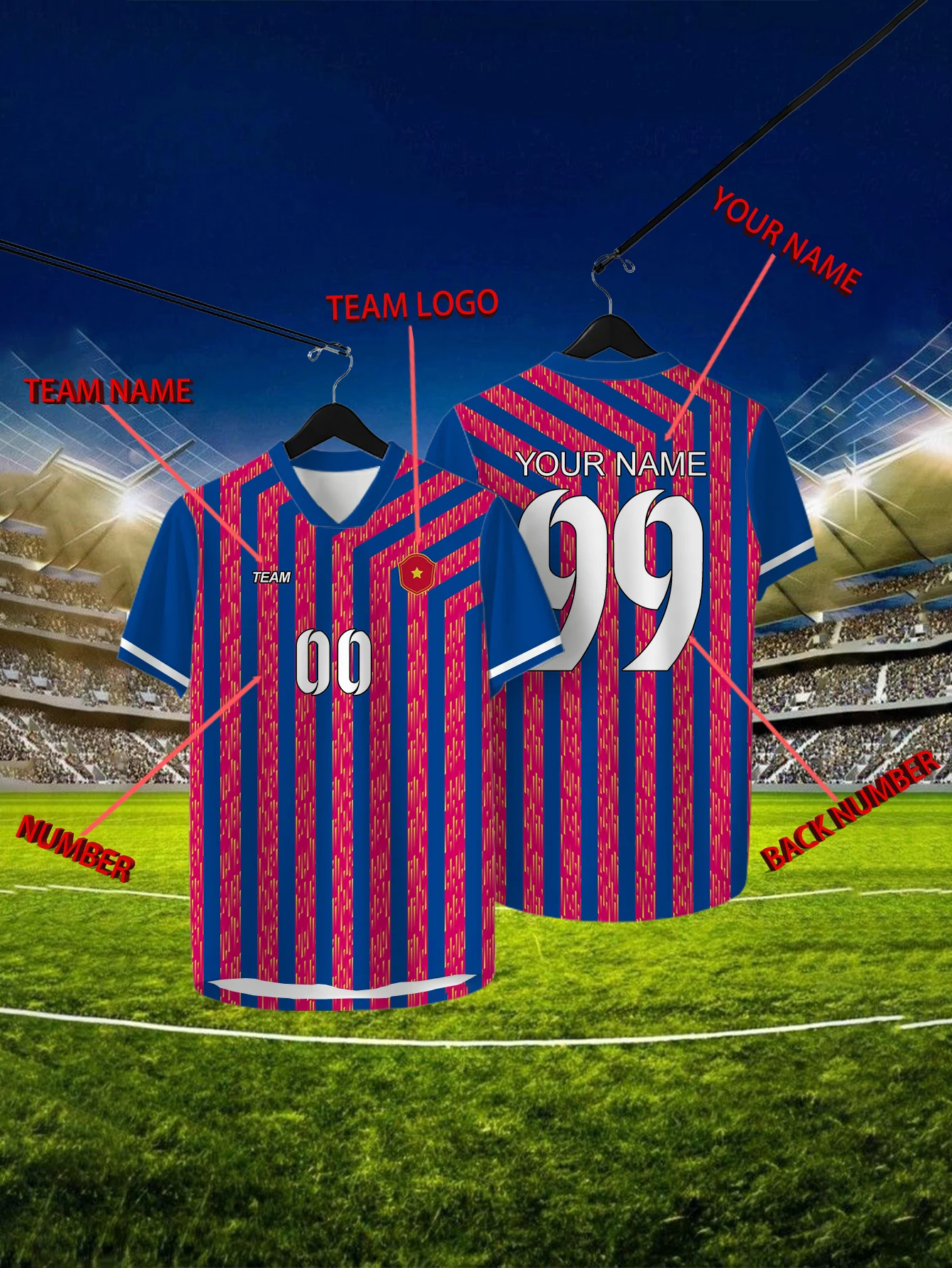 

Customized Geometric Blue Short Sleeved Shirt with Team Name, Emblem, Name and Number, Outdoor Sports Short Sleeved T-shirt
