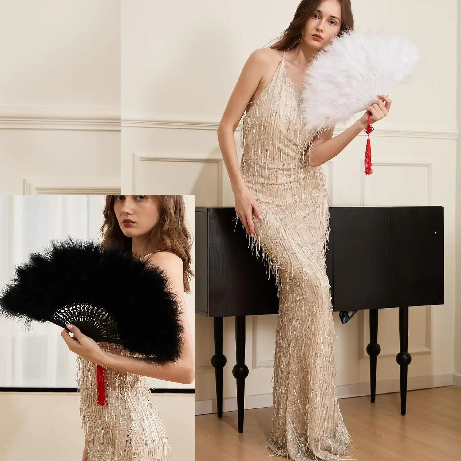 Handheld Feather Fan,Flapper Hand Fan for Costume Party and Dancing-WHITE,Bridal Feather Hand Fan,Luxe Folding Fan