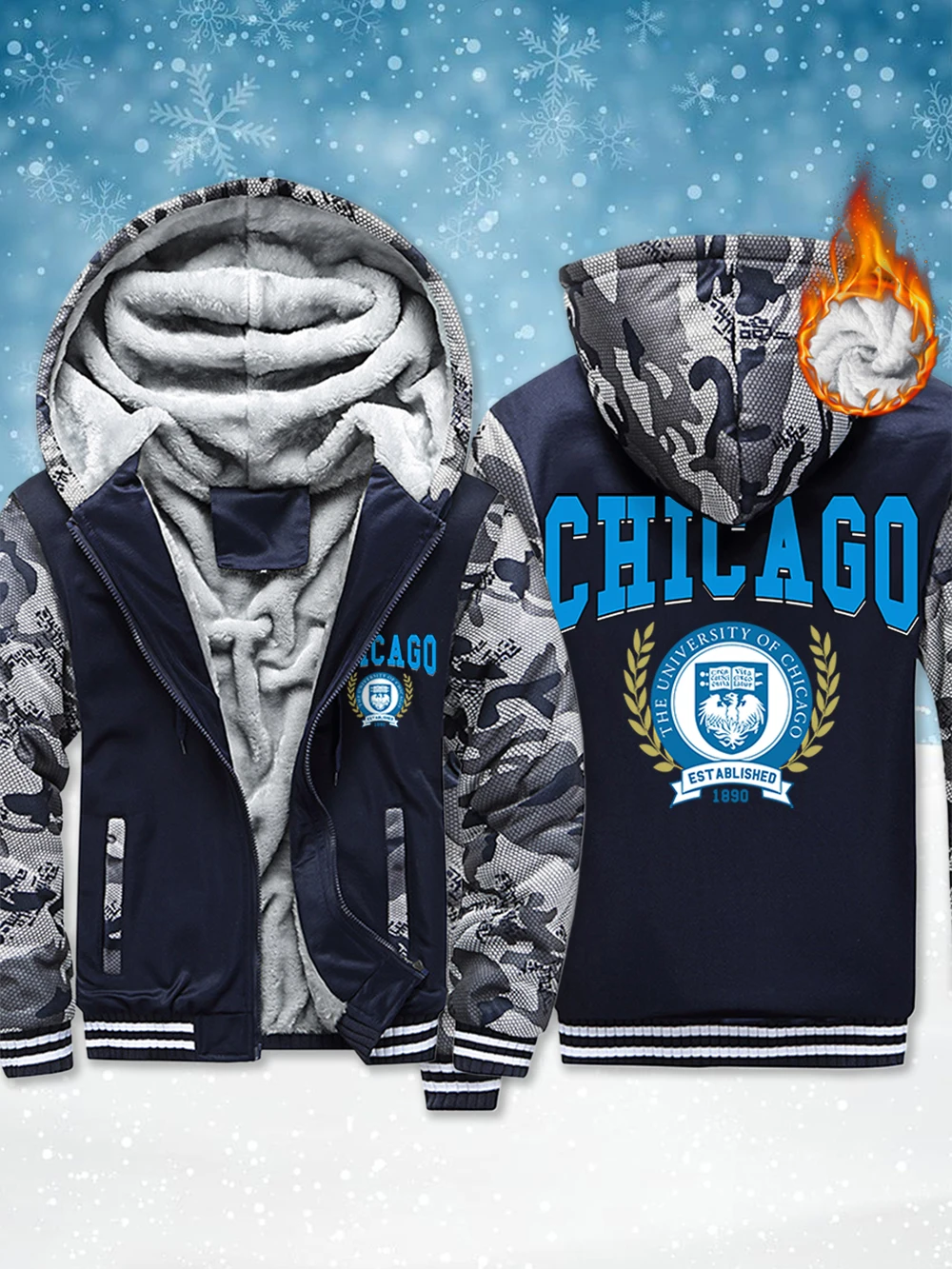 

Chicago University Printed Men Zipper Jackets Winter Windproof Thicken Outerwear Thermal Fleece Warm Coats Casual Male Clothes