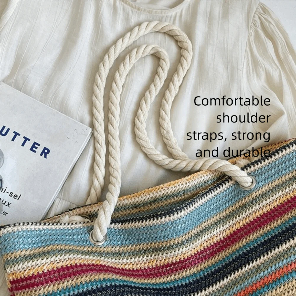 

New Large Capacity Straw Bag Striped Rainbow Woven Tote Bag Portable Casual Handbag Seaside Vacation