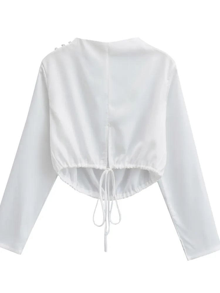 Women's Shirt Half Turtleneck Shoulder Buckle Short Satin Crop Top With Lace-Up Back Backless Ultra Short Long Sleeve Shirt