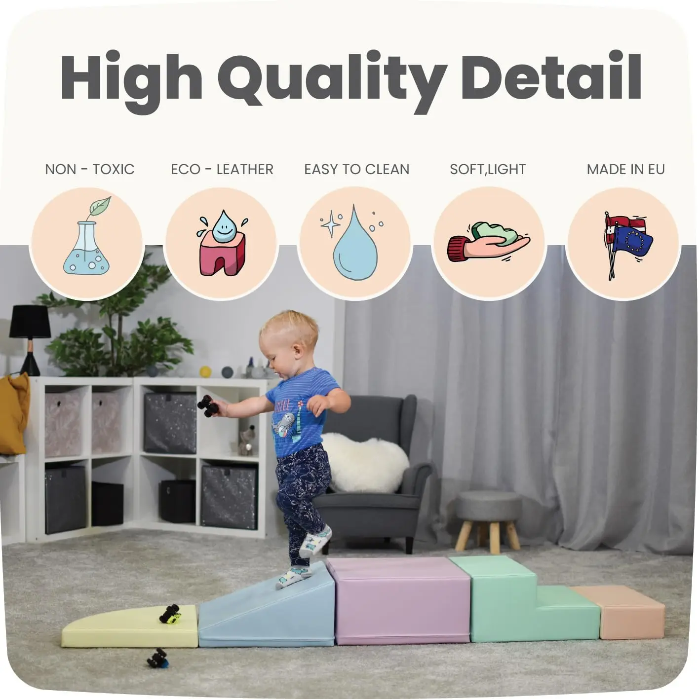 Set 6 Pastel Soft Play Forms, Large Foam Blocks, Baby Slide, Indoor Climbing Toys for Toddlers 1-3, Baby Crawling Helper, Montes