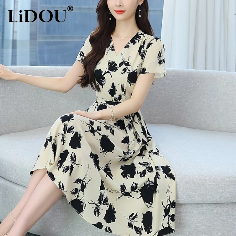 Summer V-neck Vintage Printing Lace Up Robe Femme Short Sleeve Elegant Fashion Midi Dress Women Temperament Vestidos De Fiesta