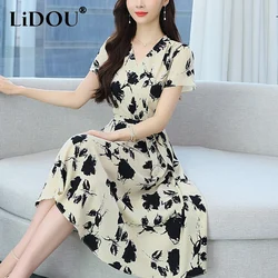 Summer V-neck Vintage Printing Lace Up Robe Femme Short Sleeve Elegant Fashion Midi Dress Women Temperament Vestidos De Fiesta