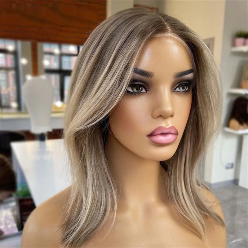 Short Wig Swiss HD Invisible Transparent Lace Ombre Balayage Caramel Blonde Lace Front Wig Human Hair Blend Synthetic Hair Wig