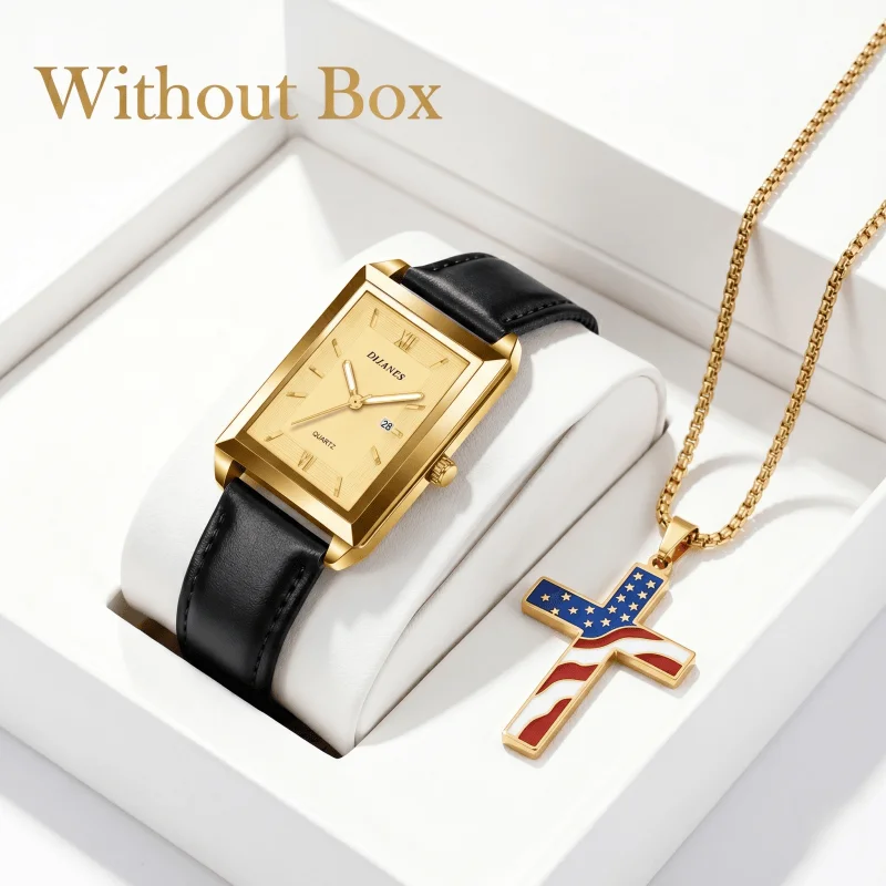 

2PCS Fashion Business Men Watches Necklace Set Simple Square Leather Men's Quartz Watch with Calendar montre homme（Without Box）