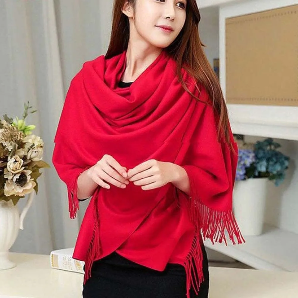 Large Polyester Classic Wool Scarf Soft Warmer Solid Color Shawl Windproof Korean Style Long Neckscarf with Tassel Outdoor