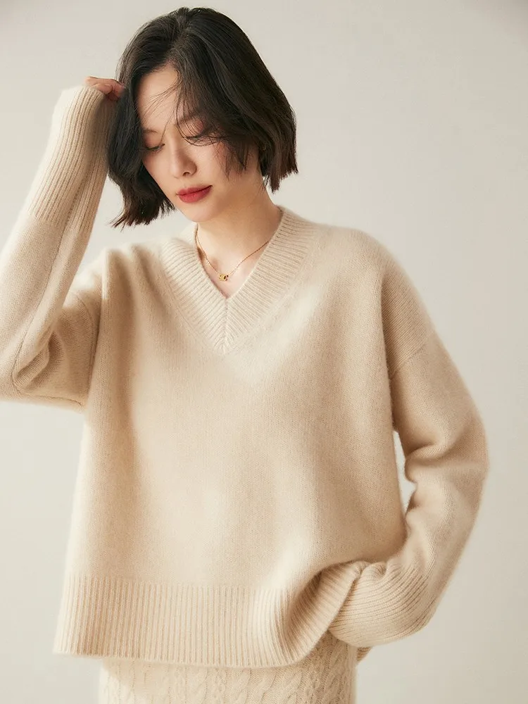 

High Quality Women's Basic V-Neck Pullover Long Sleeve Knit Autumn Winter Sweater 100% Cashmere Loose Clothing Thicken Warm Top