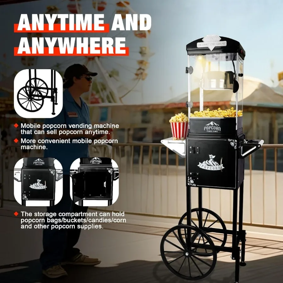 ماكينة صنع الفشار سعة 10 أونصة مع عربة للاستخدام المنزلي والتجاري ماكينة صنع الفشار المتنقلة مع غلاية من الفولاذ المقاوم للصدأ وحامل قابل للقفل #5