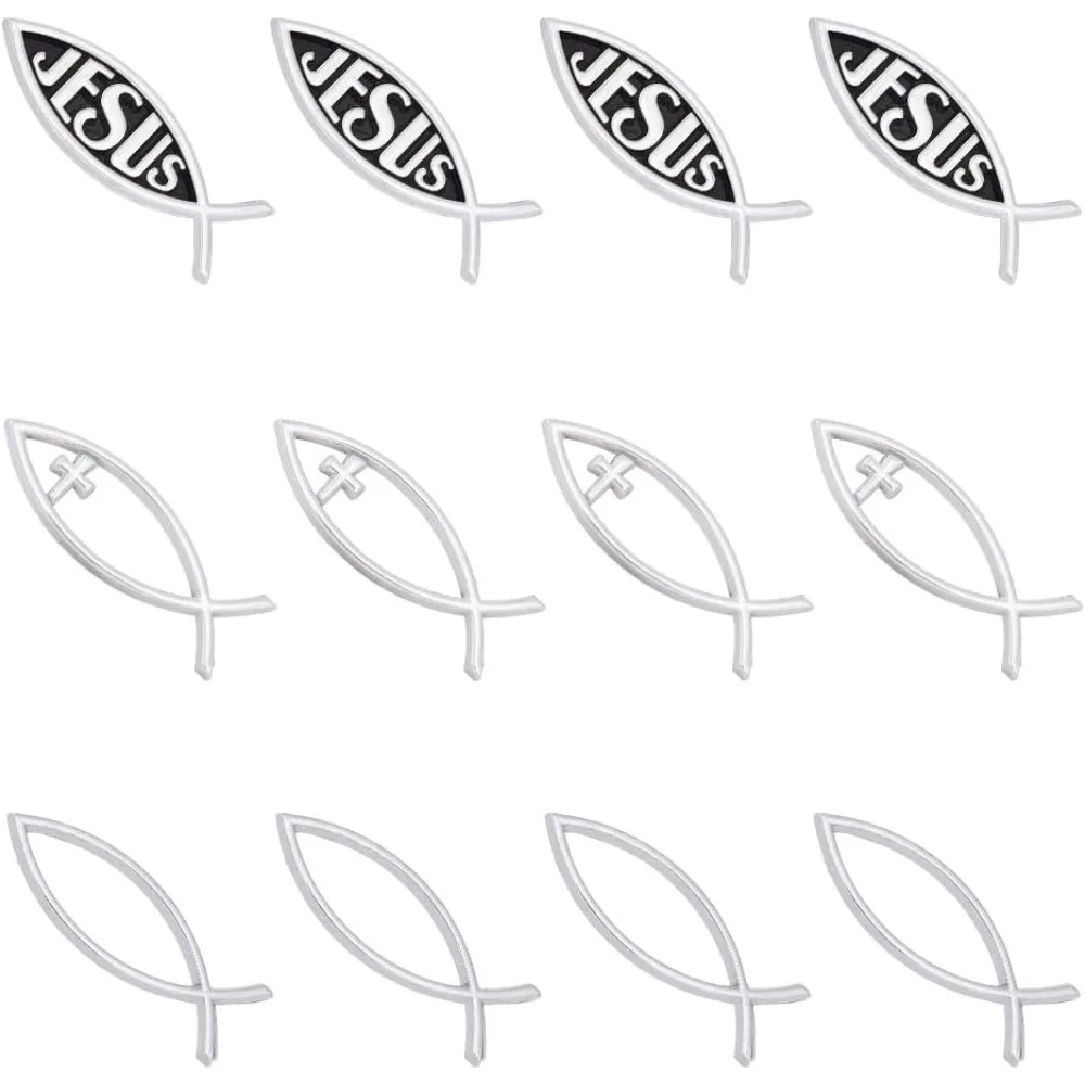 

12Pcs 3 Styles Small Silver Jesus Fish Decal Sticker Acrylic Cross Fish Auto Emblem Waterproof Love Peace Car Stickers