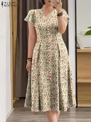 ZANZEA Floral Print Casual Midi Dresses Elegant Cinched Waist Women V Neck A-line Vestidos Bohemian Ruffle Sleeve Party Sundress