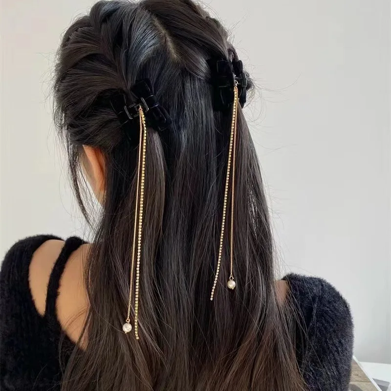 

2pcs Handmade Hair Clips - Black Velvet Bow with Long Tassels, Autumn Winter Design Hair Claws for Women Fringe