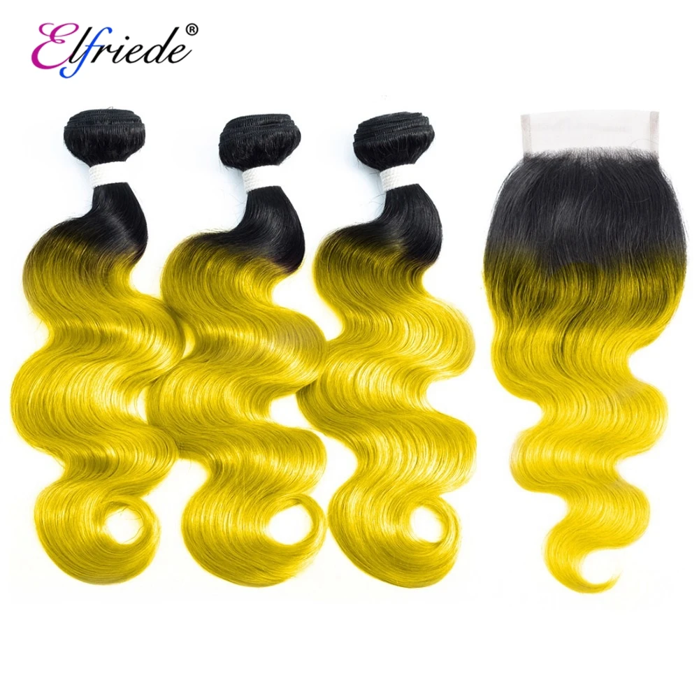 Elfriede Ombre 1B/Yellow Body Wave Hair Bundles with Closure Colored 100% Remy Human Hair Weaves 3 Bundles with Lace Closure 4x4